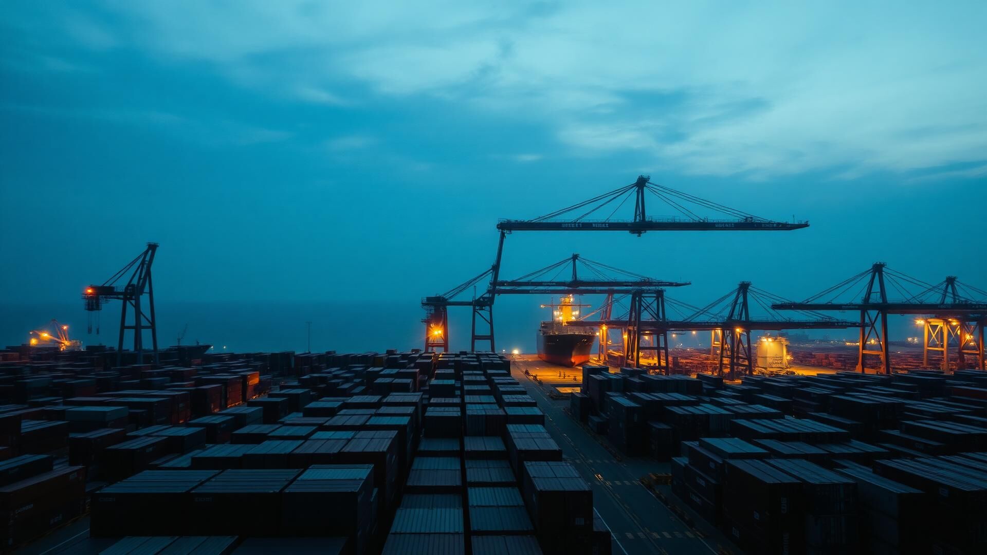 Global container port at dusk